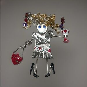 VTG 80s Carrette by Ganz Pin Enamel Doll w/ Purse & Cocktail Charms Whimsical